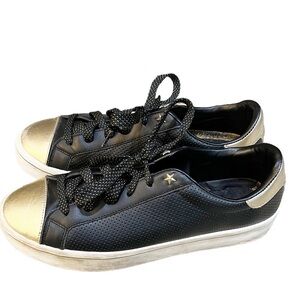 Skechers‎ Women's Size 9.5 Hi Lite Black Gold Leather Lace-Up Low Top Sneakers